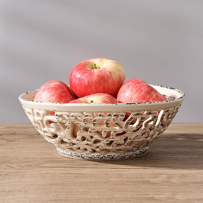 SIDUCAL Ceramic Fruit Bowl for Kitchen Counter,Decorative Fruit Basket with Holes, 10.43" Large Hollow Out Fruit Vegetable Holder Bowl for Table Decor, Beige