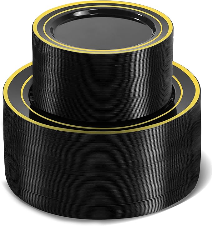 200 PCS Black and Gold Plastic Plates, Party Black Disposable Plates Include 100 10 inch Dinner Plate and 100 7 inch Dessert Plate,black gold rim plates Perfect for Party & Wedding