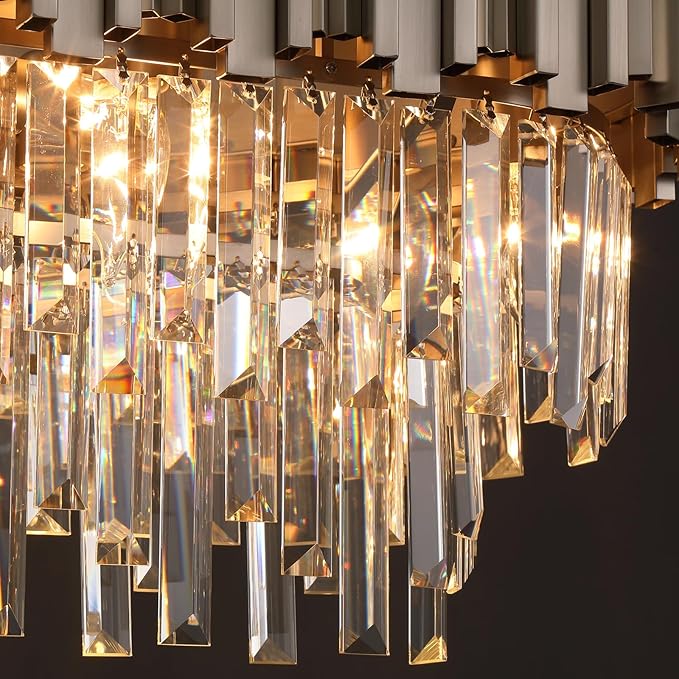 L35.4 Linear Modern Crystal Chandeliers Luxury Nickel Rectangle Chandelier for Dining Room Contemporary Oval Raindrop Pendant Ceiling Light Fixture for Kitchen Island Entryway Foyer 10 Lights
