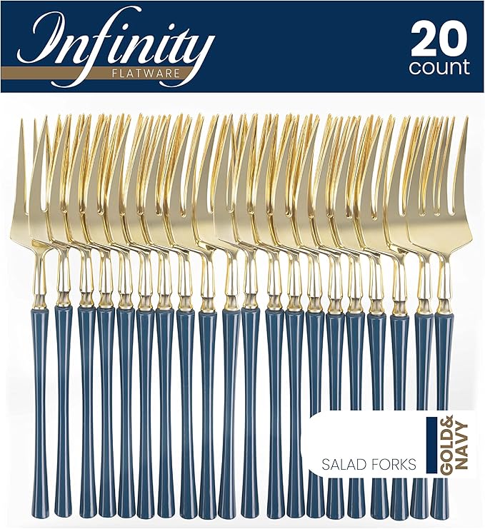 PlasticPro 20 Count Gold and Navy Plastic Salad Forks Premium Quality Heavy Duty Disposable Elegant Silverware Two Tone Salad Forks for Party
