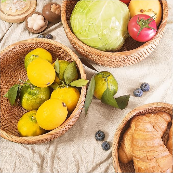 8" Round Small Wicker Basket, Artisanal Key Bowl for Entryway Table, Decorative Bowl for Kitchen Counter, Bedside, Living Room, Natural Woven Fruit Bowl, Purse Bowl, Rattan Bread Basket