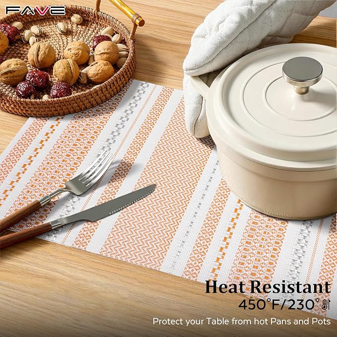 FAVE Boho Vinyl Placemats Set of 4, Durable Woven Place Mats Washable Heat Resistant PVC Table Mats for Parties,Weddings, Dining,Banquet(Orange, 4PCS)
