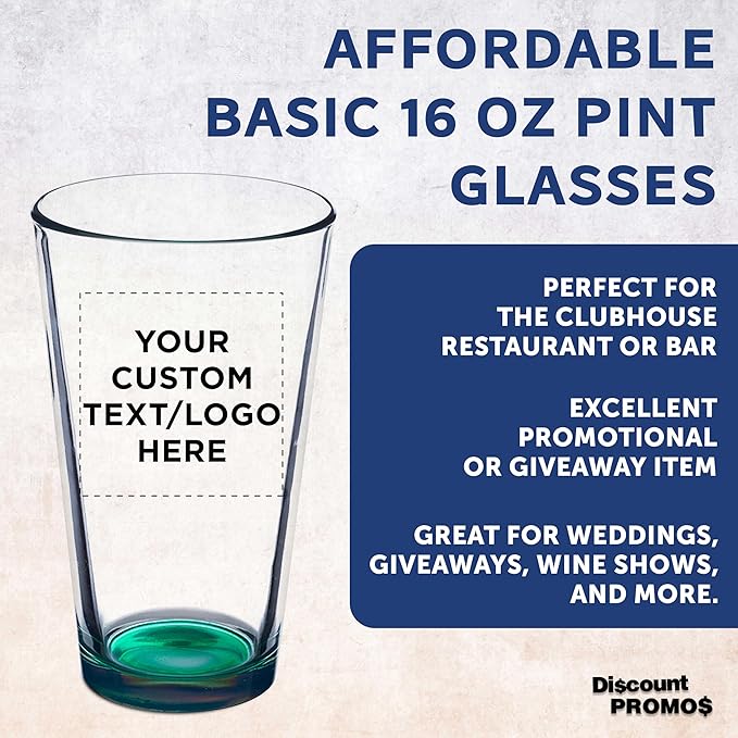 DISCOUNT PROMOS Custom Beer Pint Glasses 16 oz. Set of 10/50/100, Personalized Bulk Pack - Heavy Duty Glassware for Restaurant, Thick Base and Walls, Stackable - Green