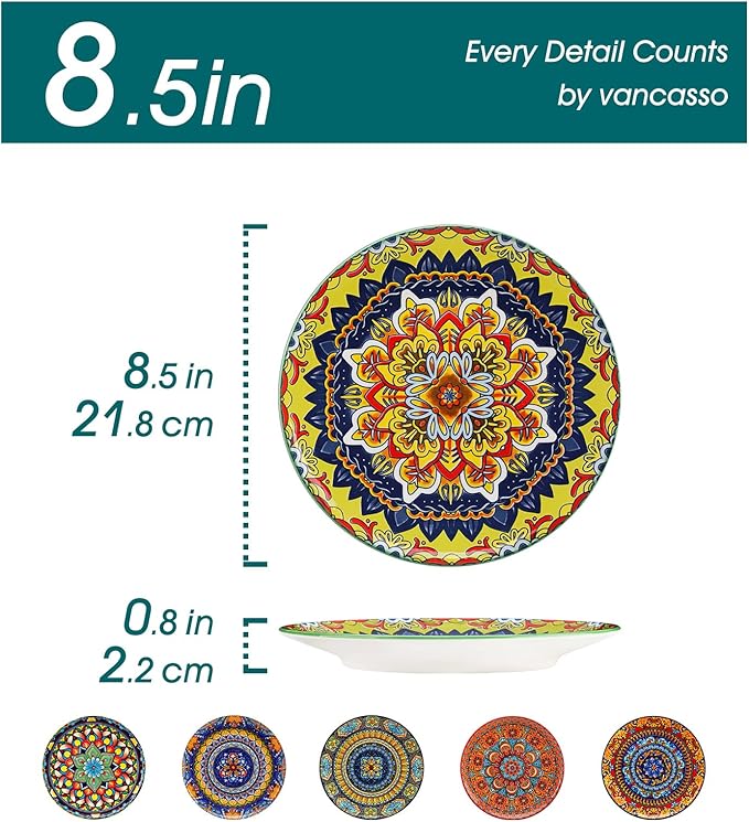 vancasso Bohemian Dessert Plates Set of 6, 8.5 Inch Ceramic Salad Plates, Boho Small Dinner Plates, Colorful Printed Kitchen Plate for Breakfast, Microwave & Dishwasher Safe Dishes, Series KRVI