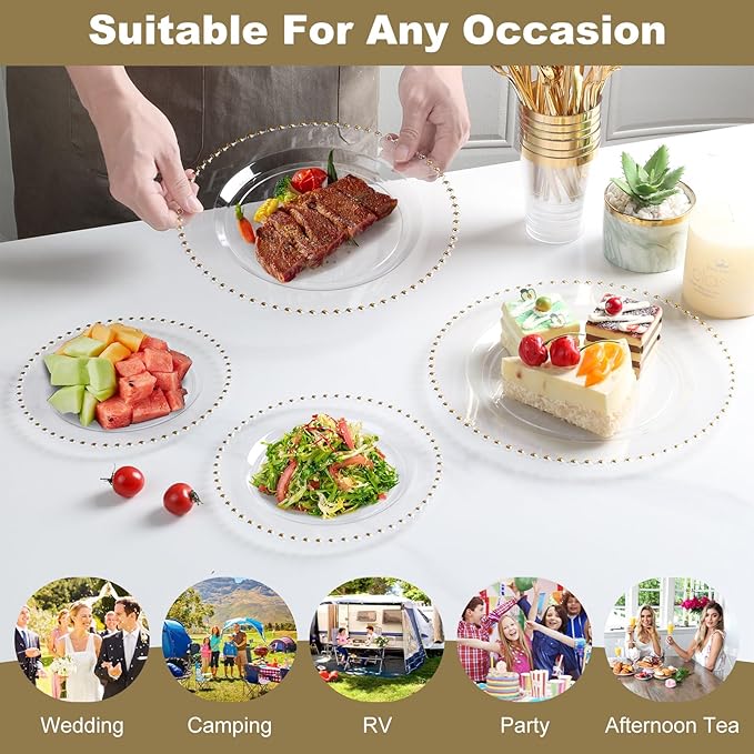 EI 60pcs Clear Plastic Plates with Gold Rim,Disposable Plastic Plates Fancy 10" Dinner & 7" Dessert Plate Heavy Duty for Wedding,Birthday,Afternoon Tea,Spring,Mother's Day,Valentine's Day,Easter