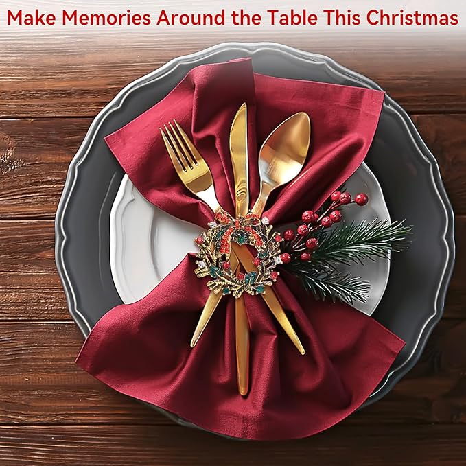 ZeeDix Christmas Wreath Napkin Rings Set of 12, Holiday Rhinestone Christmas Napkin Ring Holders for Cloth Napkins, Napkin Buckle for Thanksgiving Holiday Dinner Table Decor