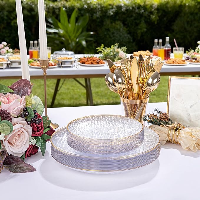 Rubtlamp 30Guest Plastic Gold Dinnerware Set, Gold Plastic Plates, Heavy Duty Disposable Dinnerware Include 30 Dinner Plate,30 Dessert Plates, 90 gold Silverware