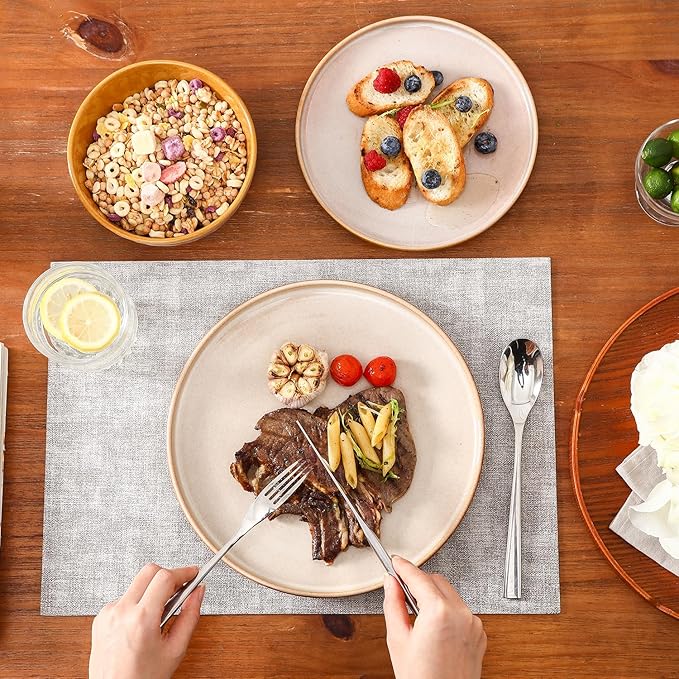 vicrays Ceramic Dinner Plates Set - Porcelain 10 Inch Flat Steak Pasta Pizza Plate Home Party Restaurant Plate Scratch Resistant Microwave Oven and Dishwasher Safe Set of 6 Beige