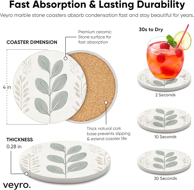 VEYRO Ceramic Coasters Set of 6 – Absorbent Stone Drink Coasters with Holder, Non-Slip Cork Backing, Modern Marble Look Coasters for Coffee Table, Desk & Home Decor
