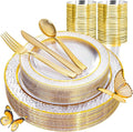 Ciaell 150PCS Clear Gold Plastic Plates - Disposable Gold Rim Plates include 25Dinner Plate, 25Dessert Plate, 25Forks, 25Knives, 25Spoons, 25Cups for Wedding & Party