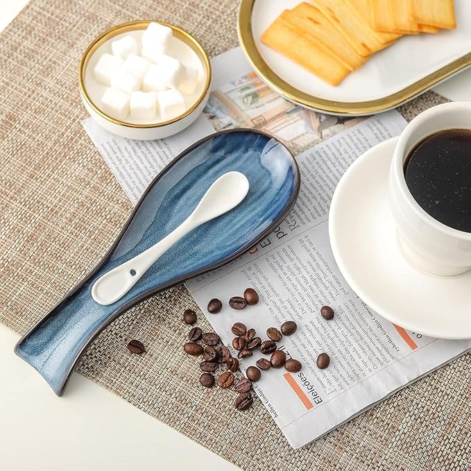 Ceramic Spoon Rest for Stove Top,Large 8.7 Inch Spoon Holder for Kitchen Counter,Porcelain Utensil Rest for Thankgiving and Christmas Gift,Dishwasher Safe and Heat-Resistant,Blue(1 PC)