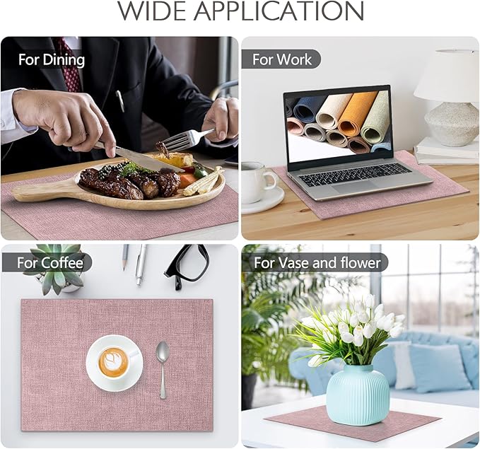 Faux Leather Placemats Set of 8 Washable PU Table mats for Kitchen Table - Heat Resistant, Waterproof, Easy Clean, Anti Slip 11.8" x 17" (Pink-8 Pack)