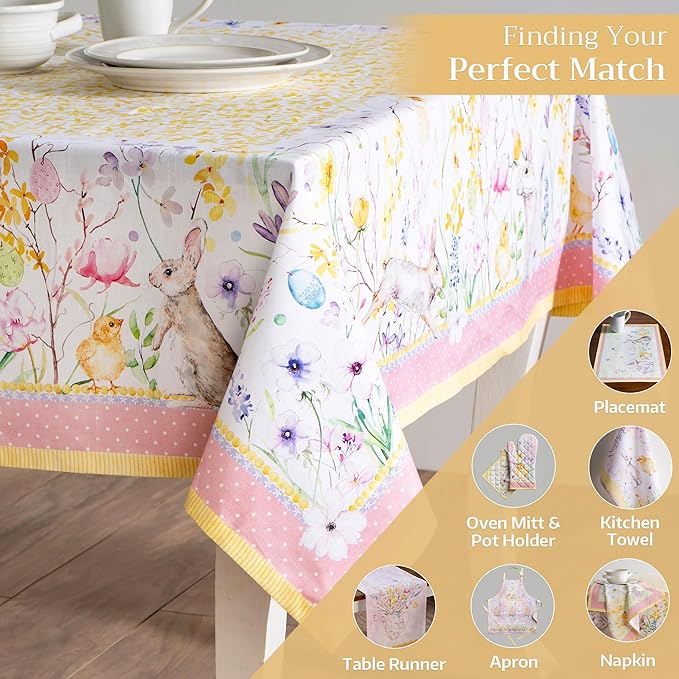Maison d' Hermine Table Cloth Square Table 100% Cotton 60 x 60 Inches Tablecloth Reusable Decorative for Dining Room Farmhouse Home Valentines Day Decorations Spring Summer - Easter Zest