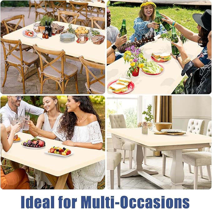 Spandex 6 Foot Rectangle Table Cloth 2 Pack, Elastic Fitted Tablecloths for Picnic, Stretch Washable Patio Table Cover for Outdoor, Camping, Banquet and Parties (Champagne, 36"x72")