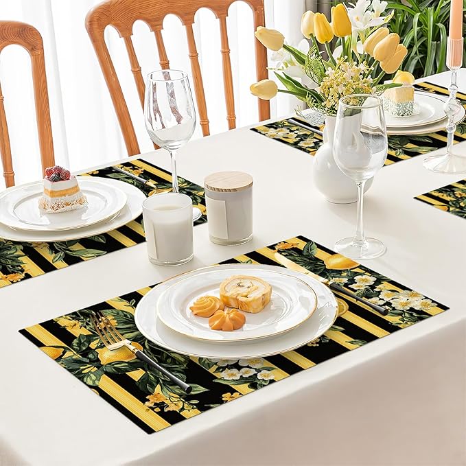 Lemon Placemats Set of 6, Yellow Lemon Place Mats, Fruit Waterproof Washable Table Mats for Home Party Indoor Kitchen Dining Table Decoration 12x18 Inch
