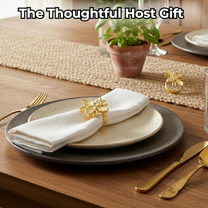 ALPHA Living HOME Decorative Bee Napkin Rings - 12 Pcs Premium Metal Napkin Rings Table Decor Napkin Ring, Dining Cloth Napkin Holder for Wedding, Party, Christmas, Everyday Dining (Gold)