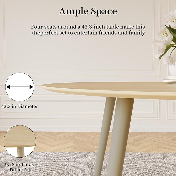 43.3 Inch Round Dining Table Set for 4, Modern Small Kitchen Coffee Set for Dining Room Kitchen Apartment (Cream Table + 4 Brown Chairs)