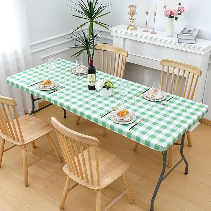 Smiry Rectangle Picnic Table Cloth, Elastic Waterproof Fitted Vinyl Tablecloths, Flannel Backed Buffalo Plaid Table Covers for Dining, Camping, Outdoor (Sage Green and White, 30" x 96")