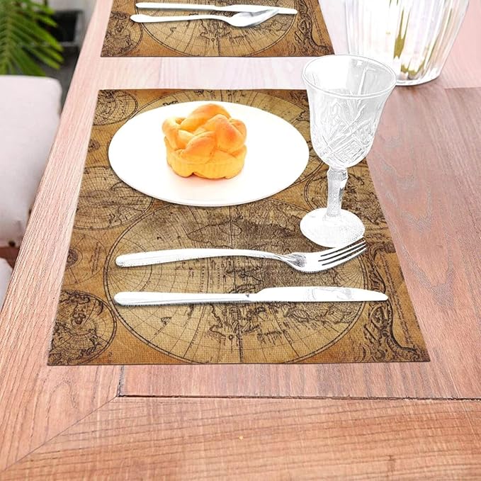 Vintage World Map Placemats Set of 4 Old Paper Retro Style Nostalgic Historical Wipeable Table Mats Reusable Washable PVC Rectangle Place Mats for Kitchen Dining Home Decor 12x18 Inches