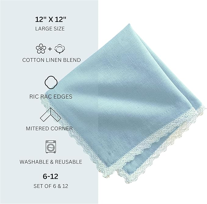 Fingercraft Dinner Cloth Napkin Cotton Linen Blend 12 Pack 12In Mitered Corners with Elegant Lace for Everyday Use Napkins Cloth are Pre Shrunk and Good Absorbency Sky Blue