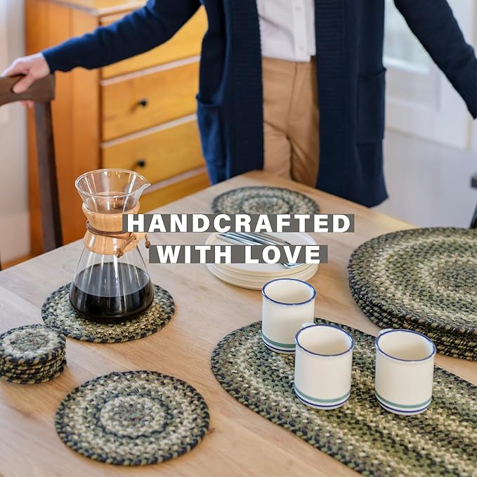 Homespice Pinecone Jute Braided Kitchen Trivets for Hot Dishes, Warm Country Rustic Decor, Set of 6, Green 8" Round Heat Resistant Mat - Rich Colors, Easy to Clean, Durable and Protects Furniture