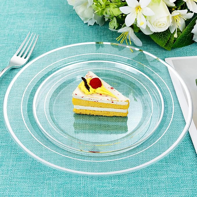 I00000 60PCS Silver Plastic Plates, Clear Plates with Silver Rim 10 Inch, Ideal for Weddings, Parties,Birthday