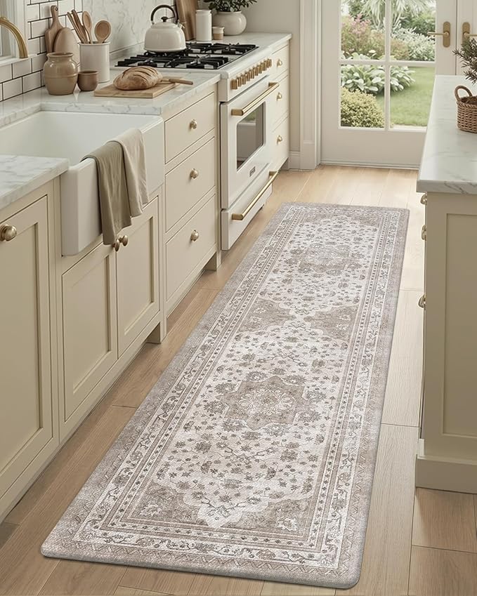 Color&Geometry Kitchen Floor Mats Anti Fatigue, Cushioned Boho Rugs,Waterproof Non Slip Kitchen Runner for Sink, Standing Mats for Office,24"x87",Beige