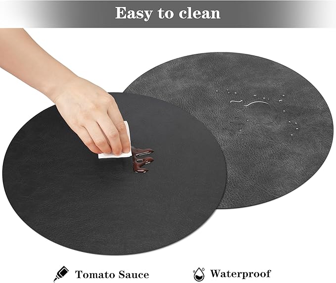 Round Placemats and Coasters Set of 4, Washable Reversible Faux Leather Placemats Cowhide Pattern Place Mats Wipeable Non-Slip 15 inch Round Kitchen Dining Table Mats (Gray Black, 4)