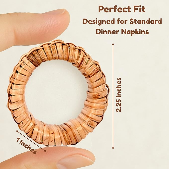 CLEENTABLE Rustic Napkin Rings Set of 12 - Elegant Round Cane Napkin Rings, Easy to Clean, Durable Versatile for Table Settings, Special Occasion, Easter Table Decor & Gift Giving Ideas (Natural)