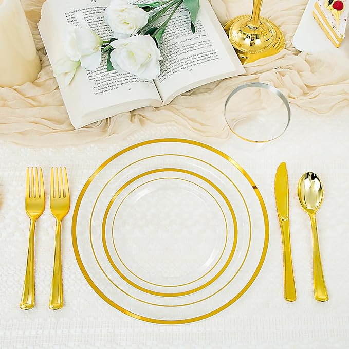 WELLIFE 300 PCS Clear Gold Dinnerware Set for 50 Guests, Clear and Gold Plastic Plates for Party, 50 Dinner Plates, 50 Salad Plates, 50 Cups Forks Knives Spoons for Wedding and Party Supplies