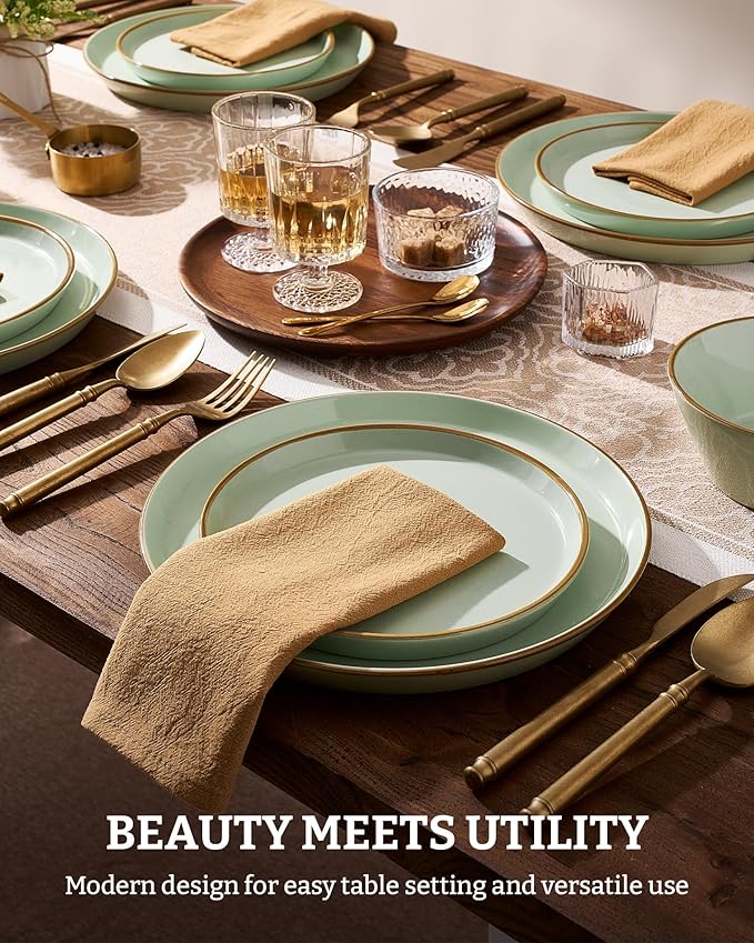 Famiware Saturn Plates and Bowls Dish Sets for 6 (18 Pieces), Stoneware Dinnerware Set with Hand-Painted Trim - Chip & Scratch Resistant, Microwave & Dishwasher Safe Ceramic Dishes, Light Green