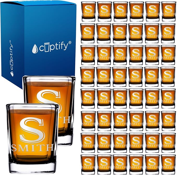 Personalized Square Shot Glasses Set of 50 Engraved 2oz Initial and Name Custom Gifts, Weddings, Birthdays, Party, Event, Decorations