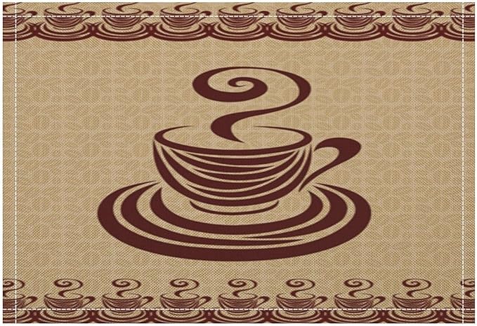 Vintage Coffee Theme Placemat Set, Minimal Rustic Farmhouse Brown Beige Geometric Coffee Cup Beans Seamless Pattern Home Decor Linen Table Mats for Dining Room Kitchen Party (17x12in) x2P