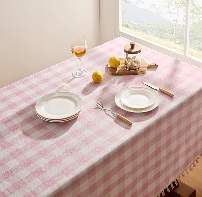 Softalker Valentines Pink Gingham Tablecloth Rectangle, Outdoor Linen Cotton Checkered Table Cloth with Tassel, Heavy Duty Wrinkle Free Plaid Table Cover for Easter Dining Spring Party - 55 x 84 Inch