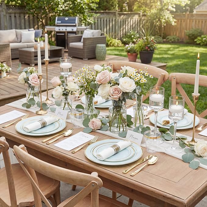 175PCS Sage Green Plastic Plates - Heavy Duty Green Plates Disposable - 25Guests Plastic Dinnerware with Rolled Napkins for Spring/Birthday/Baby Shower/Easter