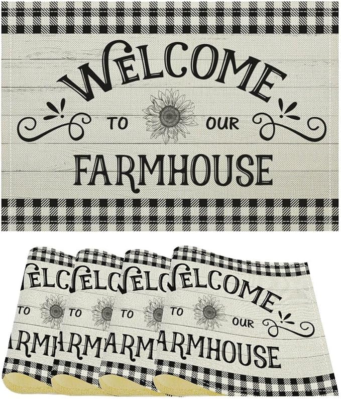 Vintage Farmhouse Placemat Set, Rustic Minimal Black White Check Inspirational Quotes Sketch Sunflower Pattern Home Decoration Linen Table Mats for Dining Room Kitchen Party (17x12in) x4P