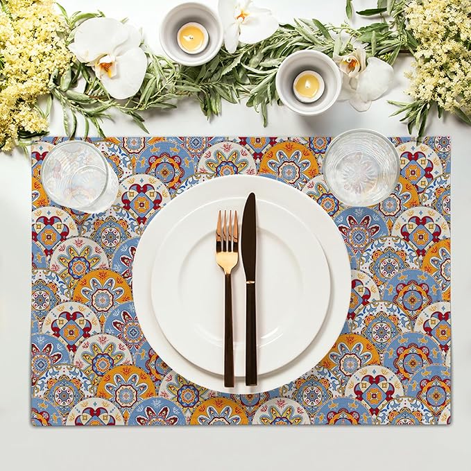 Boho Floral Placemats for Table - Bohemian Flowers Place Mats Set of 4 Beige Blue Place Mat 12x18 for Party Kitchen Dining Home