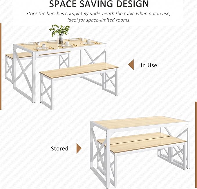 VECELO Kitchen Dining Table Sets for 6, 55" Wood Dinette 2 Benches with Metal Frame for Dinner Breakfast Nook and Small Space, Oak