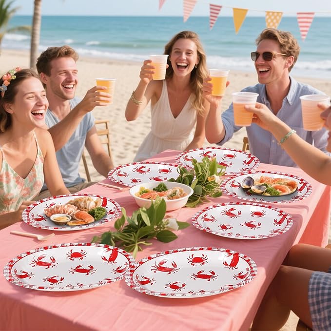 Grencian 50Pcs Crab Boil Oval Paper Plates 10"×12" Large Red Gingham Crab Party Plates Disposable Heavy Duty Summer Seafood Boil Party Supplies for BBQ Picnic Cookout Gathering Carnival Birthday Decor