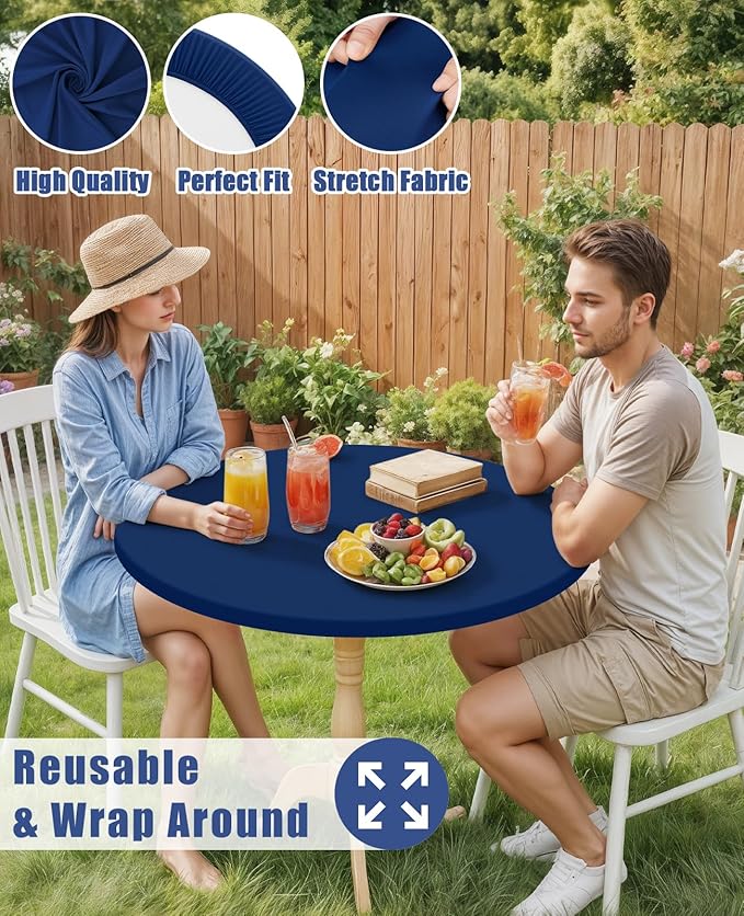 Round Spandex Tablecloth, Elastic Fitted Waterproof Tablecloths for 57"-68" Tables, Stretch Washable Picnic Table Cover for Camping, Dining, Indoor and Outdoor, Navy