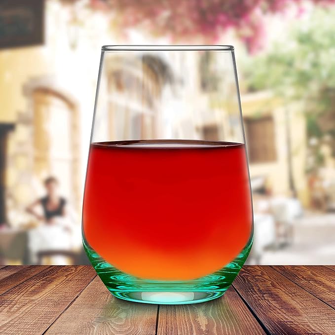 DISCOUNT PROMOS 10 Vaso Silicia Stemless Wine Glasses Set, 16 oz. - Clear, Orb-Like, Thick base - Green