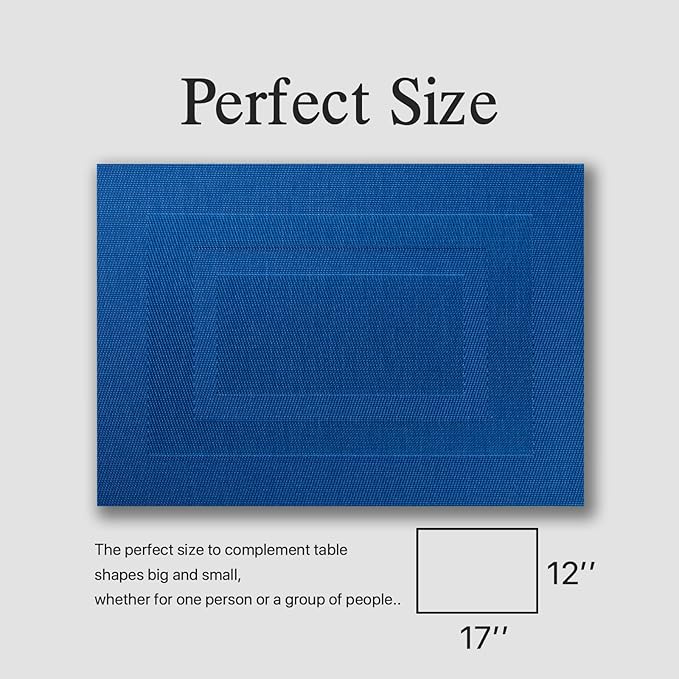 Placemats Set of 12 - Easy Clean Woven Vinyl Placemats for Dining Table, Indoor/Outdoor Place Mats, Washable PVC Table Mats（Navy Cube）