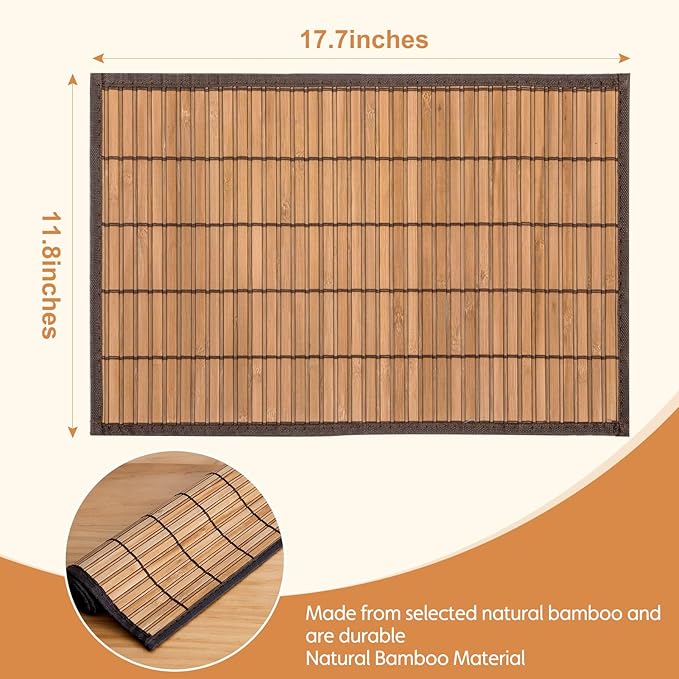 Bamboo Placemats with Fabric Border Set of 4 Natural Bamboo Rectangular Rolling Table Mats for Dining Kitchen Table Heat Resistant Table Protection Brown