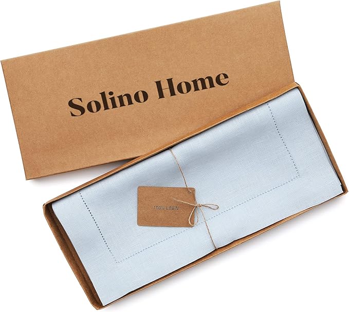 Solino Home Linen Light Blue Table Runner 72 Inches Long - 100% Pure Linen Hemstitch Table Runner 14 x 72 Inch for Dresser, Dining, Winter, Spring, Easter - Classic Hemstitch
