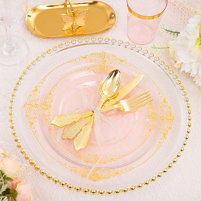 Hioasis 175pcs Pink and Gold Plates - Pink Party Plates for 25 Guest, Include 50 Heavy-duty Plates(20% Thicker Than Standard), 75 Cutlery Set, 25 Napkin, 25 Cups