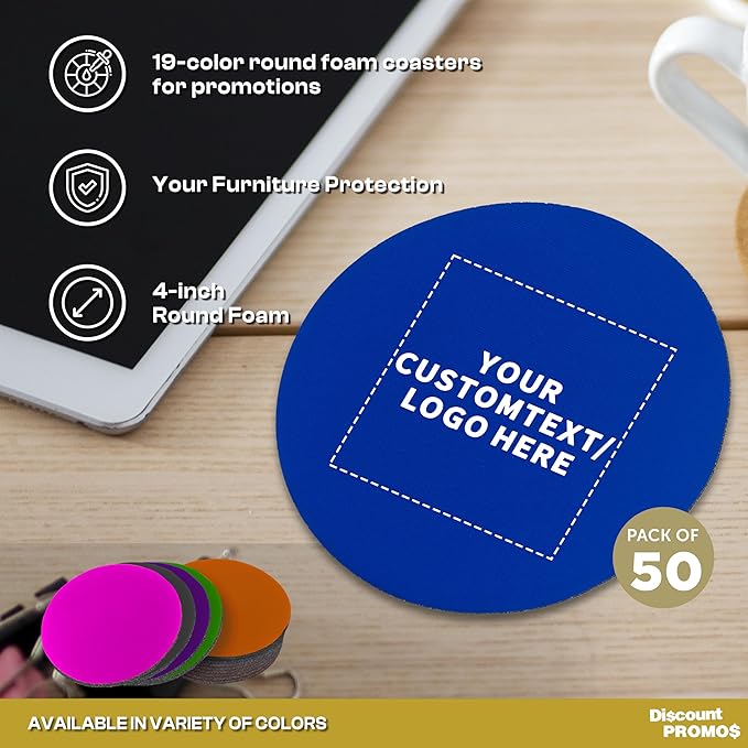 50 Round Foam Bud Coasters Pack, 4 inch - Customizable Text, Logo - PU Foam, Party Favor - Royal Blue