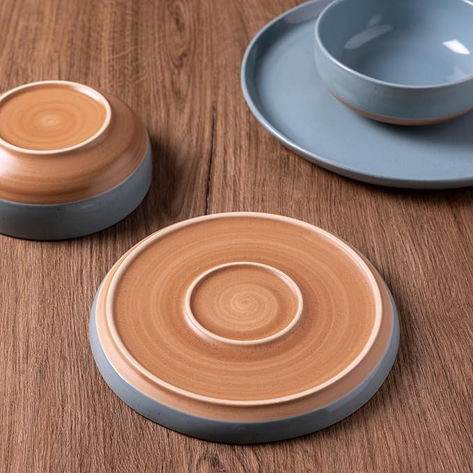 AmorArc 9.5'' Ceramic Large Pasta Bowls, 38oz Handpainted Stoneware Bowls Set of 4, Microwave&Dishwasher Safe Bowls with Wavy Rim&Rustic Terracotta Underside for Fruit Pasta Salad, Stone Blue