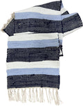 Perilla Home Chindi Table Runner Boho with Tassels 72 Inches Long Linen Cotton - Braided Rustic Farmhouse Fall Kitchen Dining Table Decoration for Party Wedding (Dark Blue Sky Blue & White)