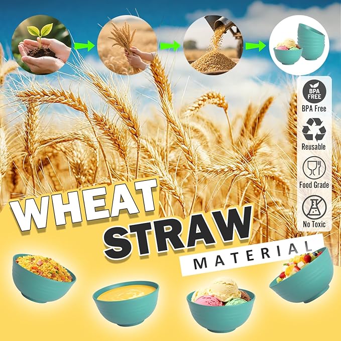 Wheat Straw Bowls 10 OZ, Unbreakable Ice Cream Bowls Set of 6, Reusable Mini Bowls for Salad, Cereal, Soup, Microwave & Dishwasher Safe Fruit Bowl for Indoor & Outdoor, Green