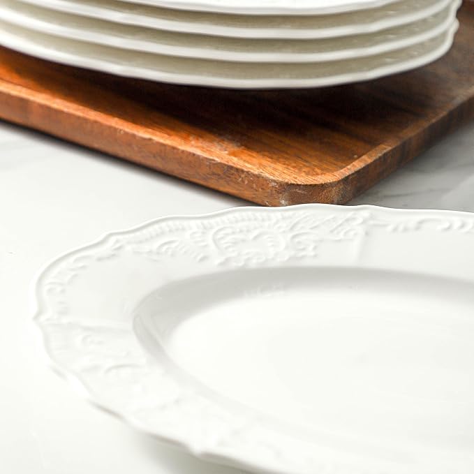 Neaylfe Ceramic Dinner Plates Set of 6, 10 inch Oval Embossed White Plates for Salad, Dessert, Appetizer, Steak, Large Flat Serving Plates for Kitchen, Restaurant, Parties
